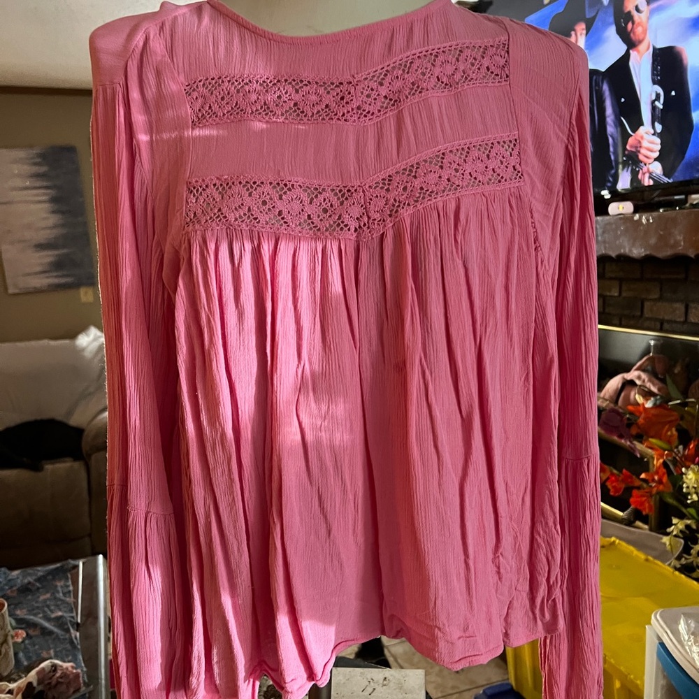 Elegant Pink Women's Blouse with Lace Detail Sold!